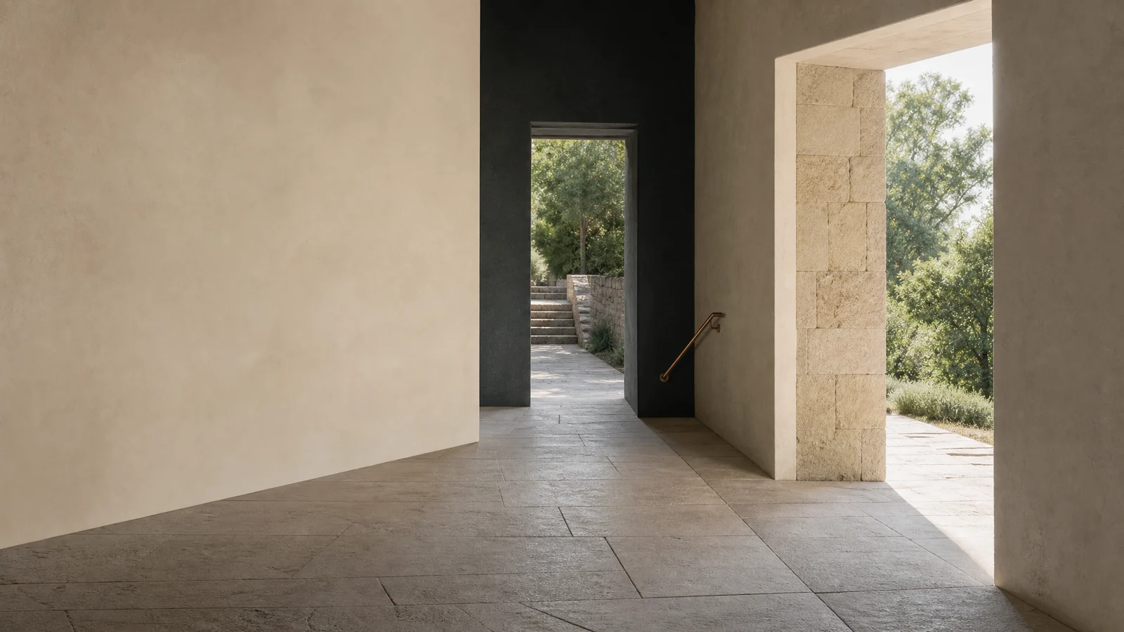 Two open doorways lead towards different paths.