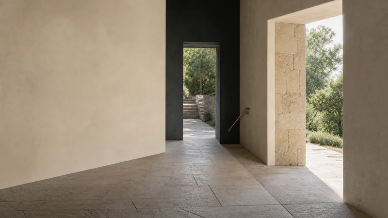 Two open doorways lead towards different paths.
