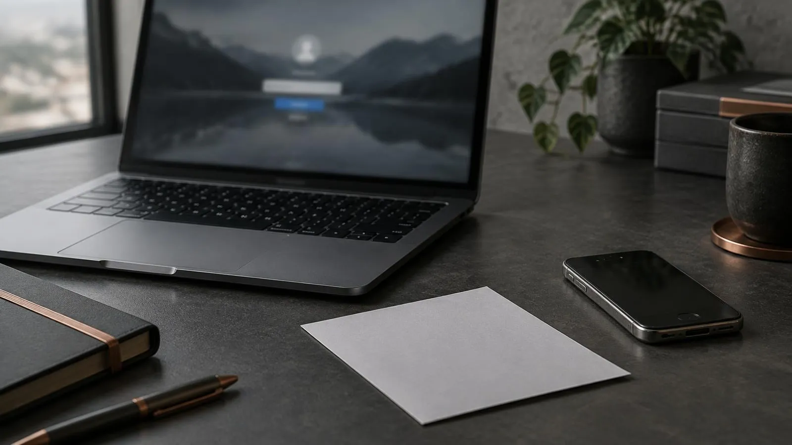 A laptop with a sign-in screen, a spare phone and a sheet of paper.