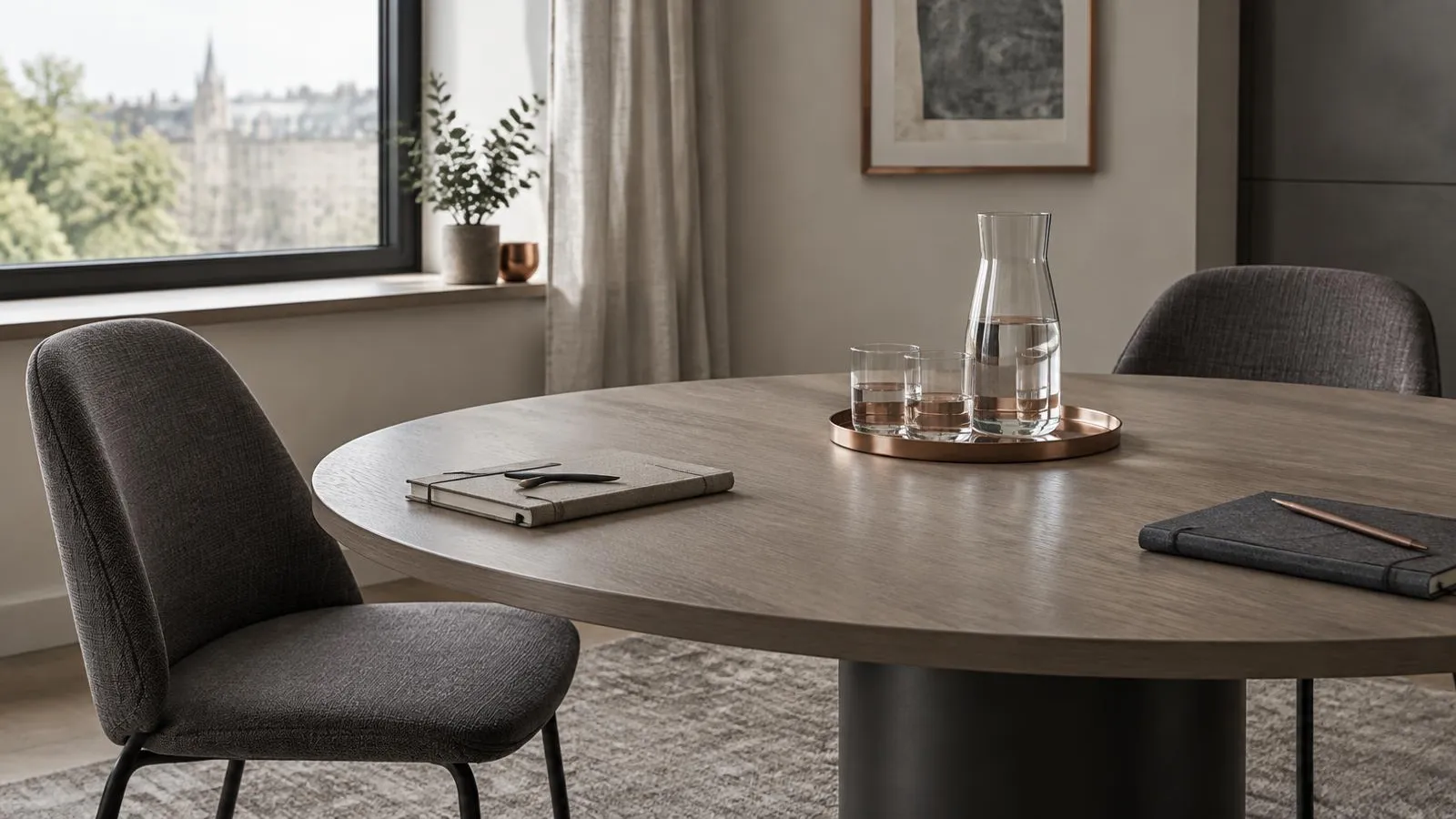 A round meeting table with notebooks and water.