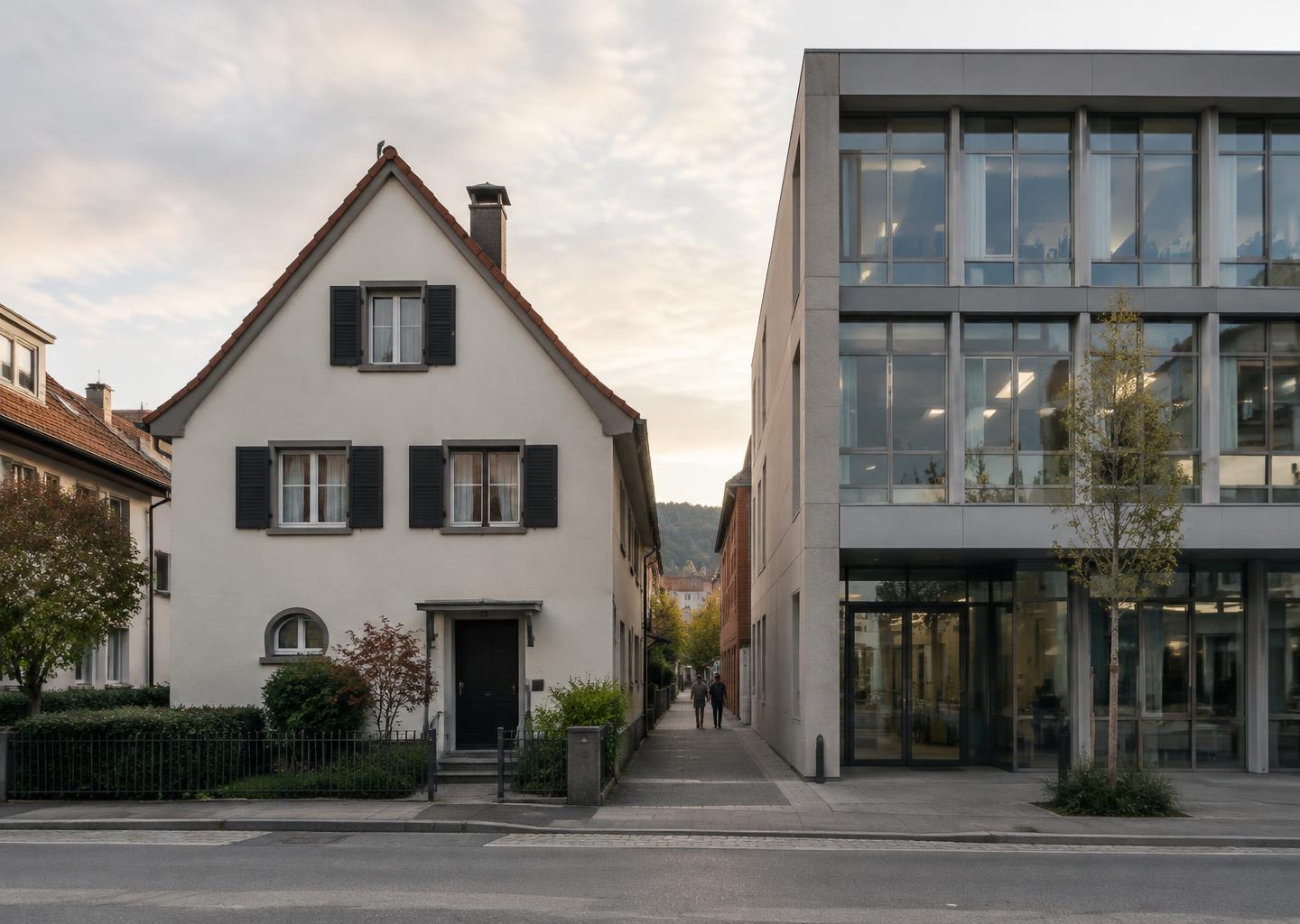 A family home and an office building stand side by side on a quiet street.