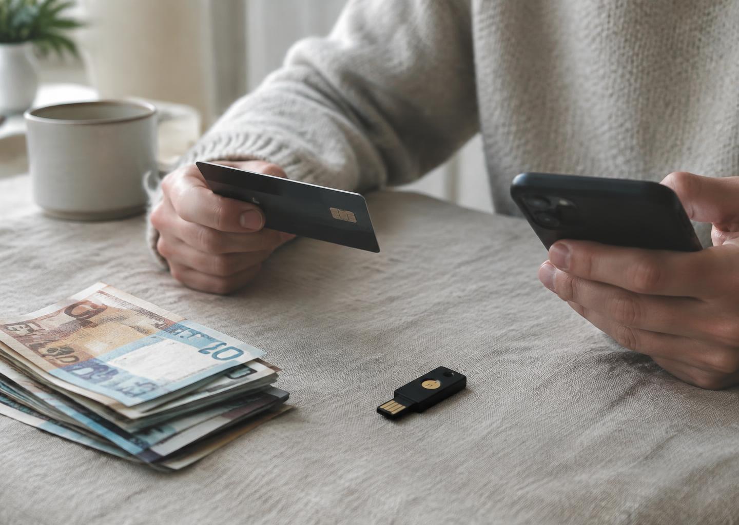 Hands holding a bank card and a smartphone, next to banknotes and a security key.