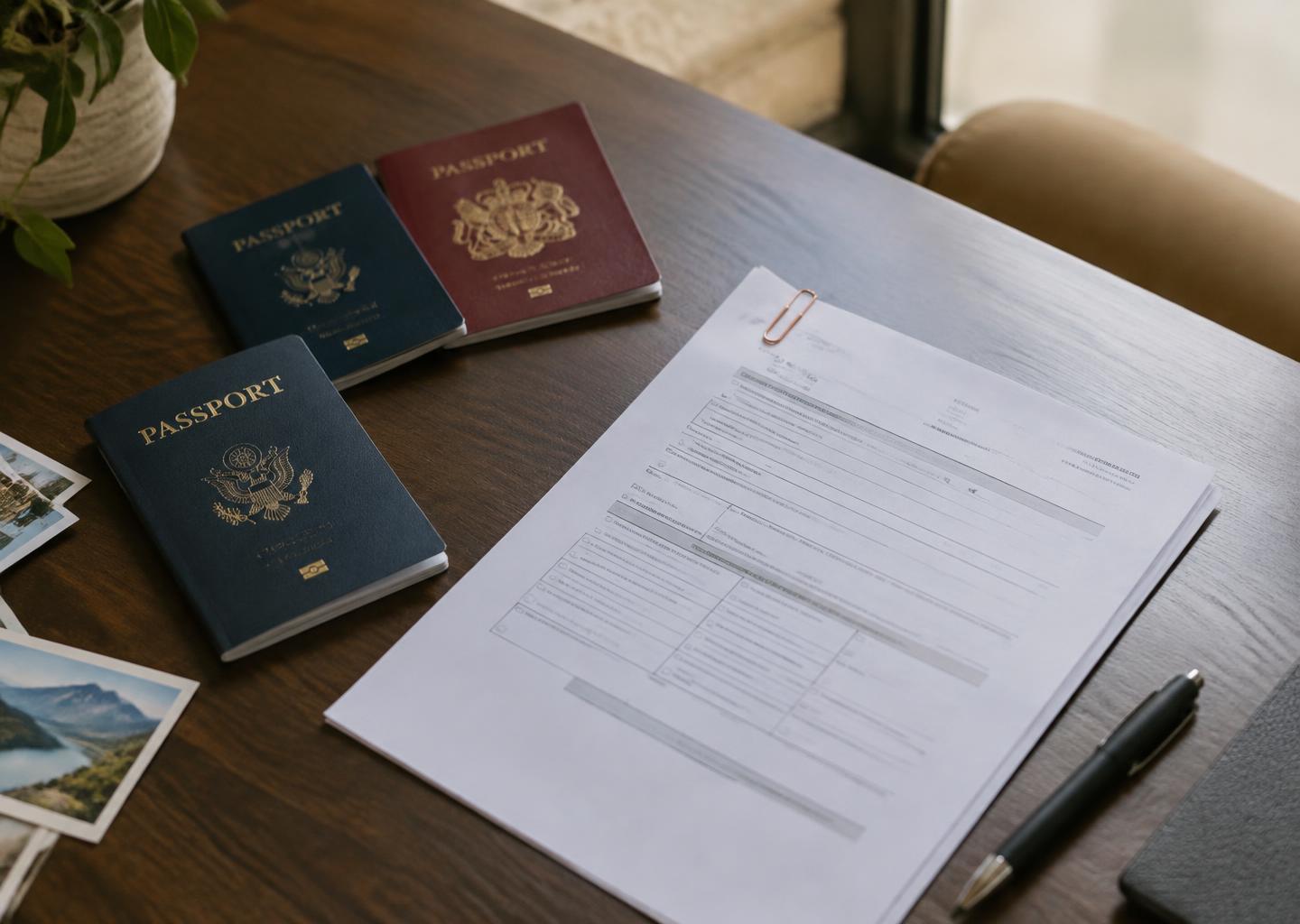 Passports and an application form lie on a dark wooden desk.