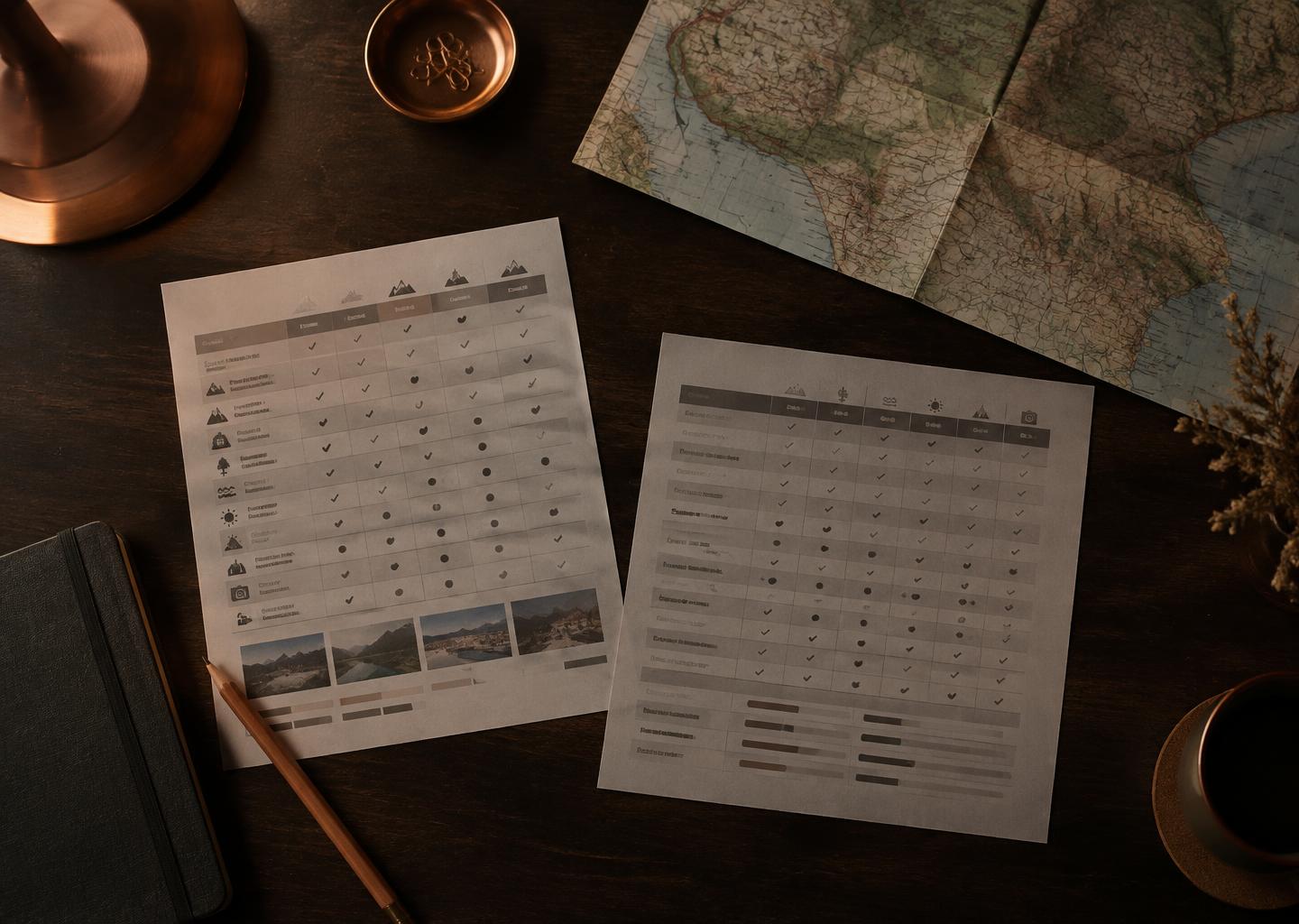 Two printed comparison tables and a map lie on a dark desk.