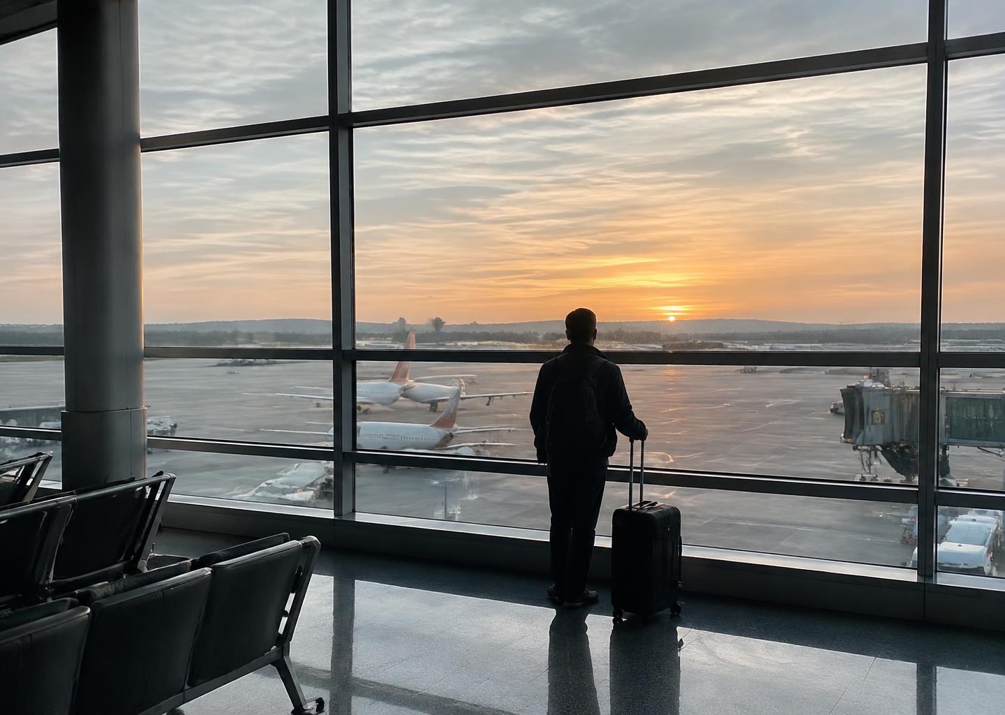 A traveller with a suitcase looks out over the apron from a departure hall at sunrise.