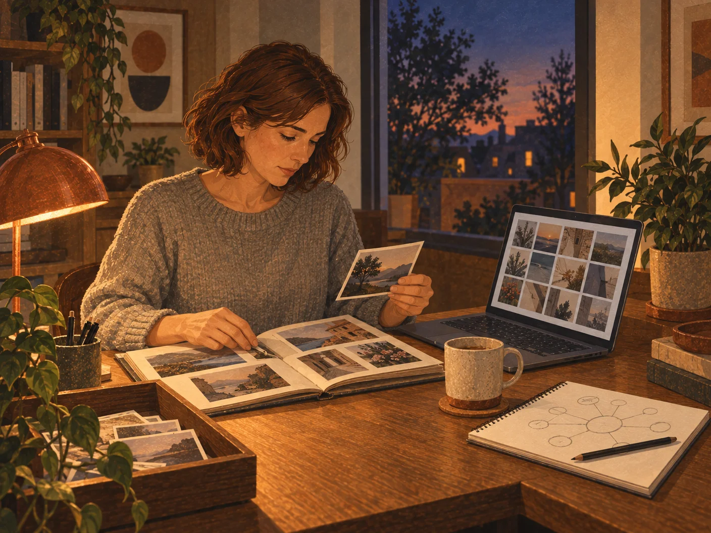 Illustration: A woman goes through old photos and profiles, sketching how they are connected.