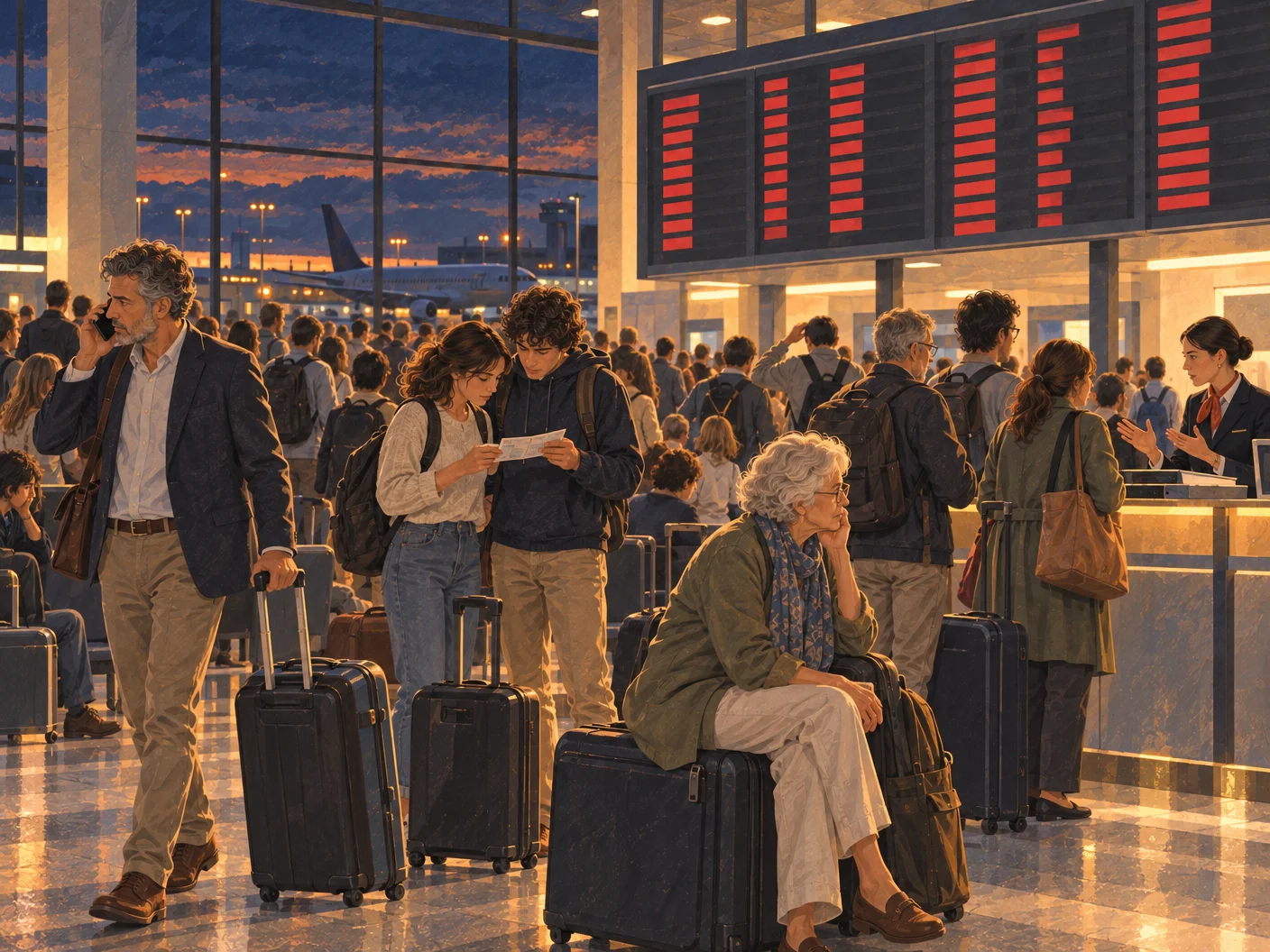 Illustration: Cancelled flights, waiting travellers in the departure hall.