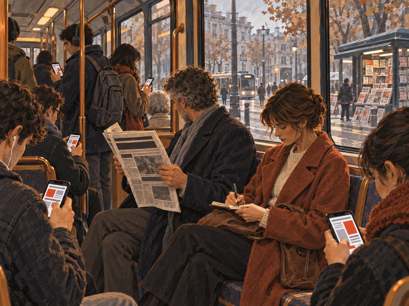 Illustration: Passengers scroll through headlines on a tram; one woman calmly notes down a list.