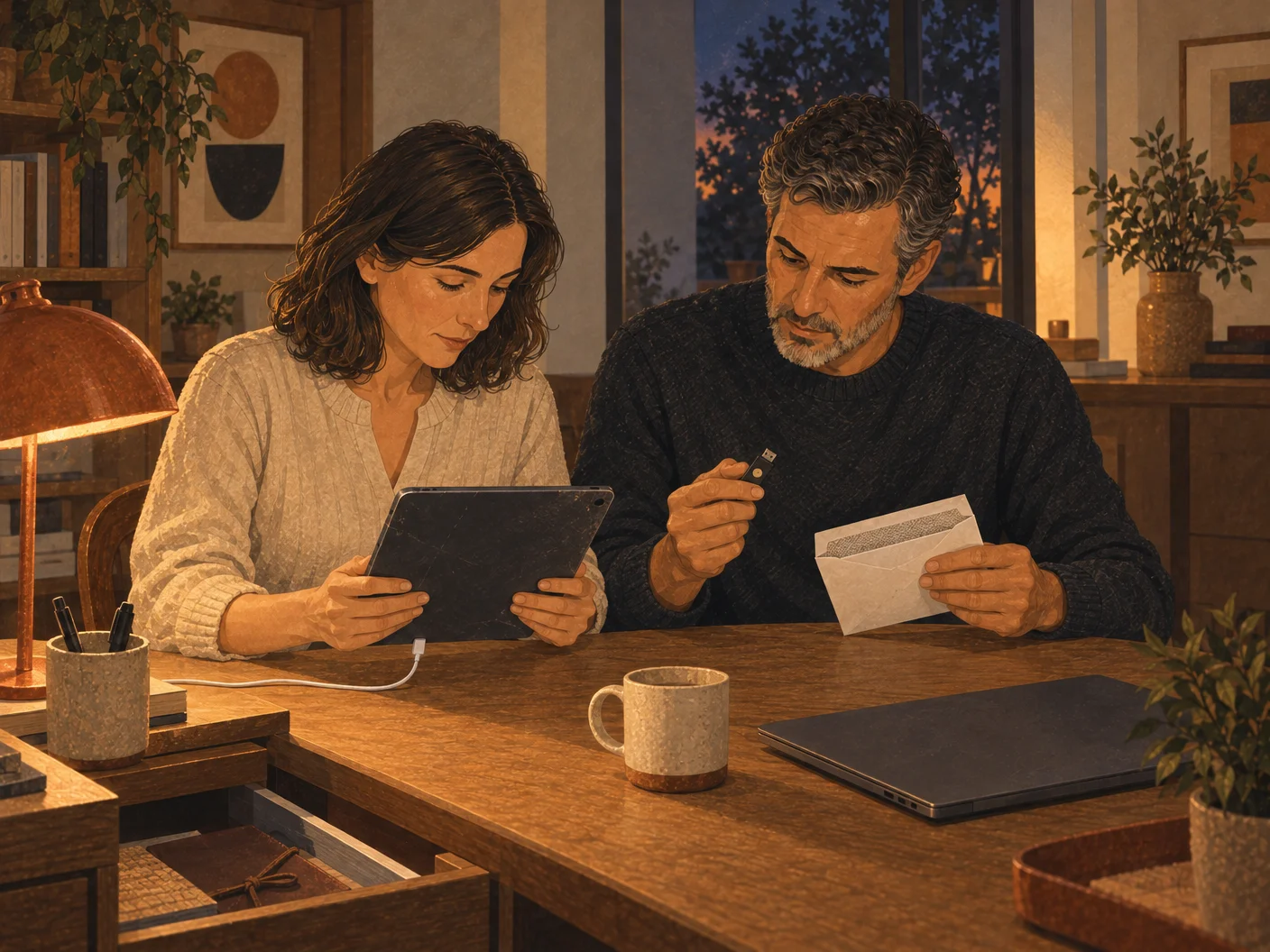 Illustration: Sarah starts an old tablet; James holds security keys and recovery codes.