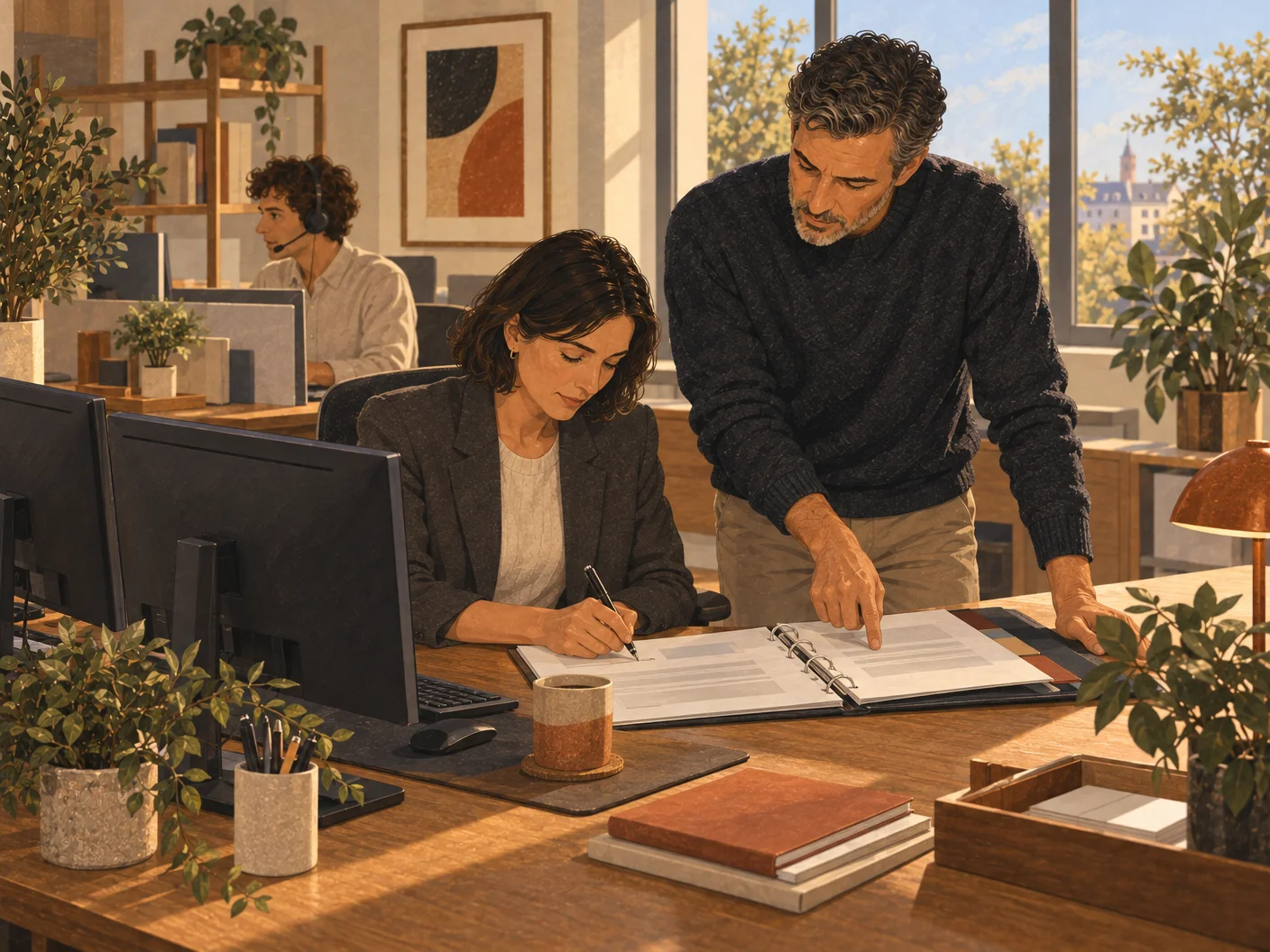 Illustration: A female colleague signs a client document in James's company according to the handover plan.