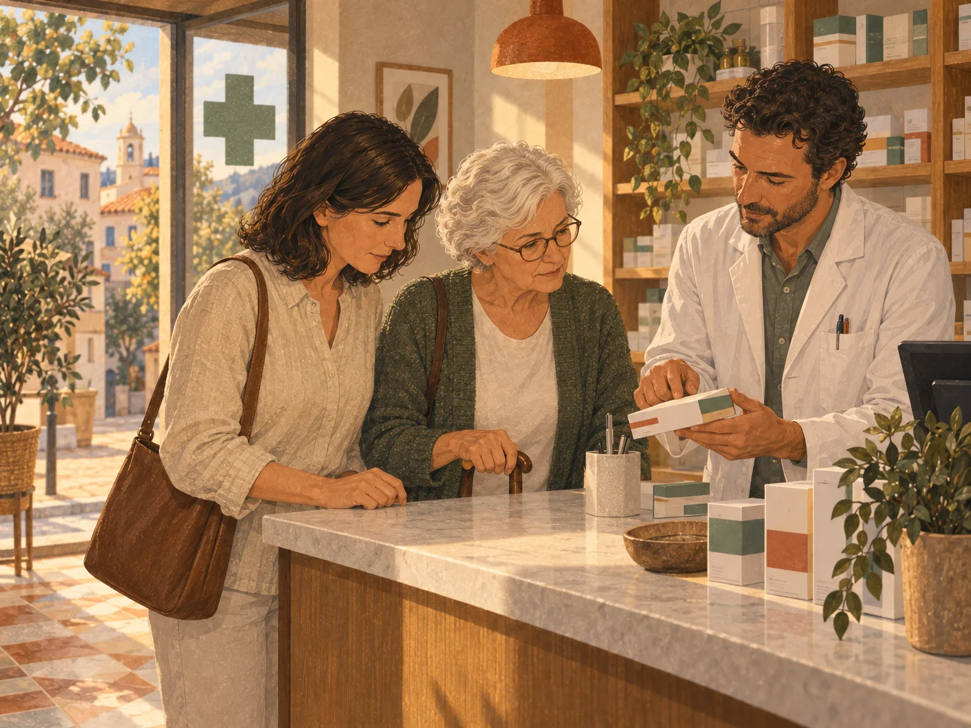 Illustration: Sarah and Margaret have the medication explained at a pharmacy at the destination.