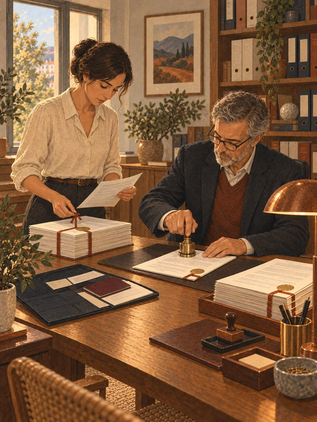 Two people at a desk with certificates, papers and stamps.