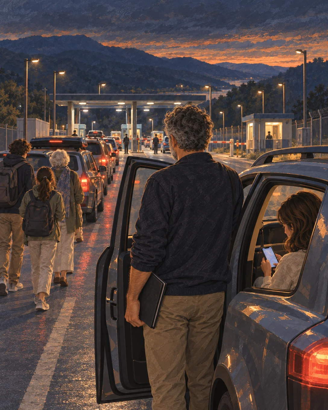 Illustration: Waiting cars at a border crossing at dusk.