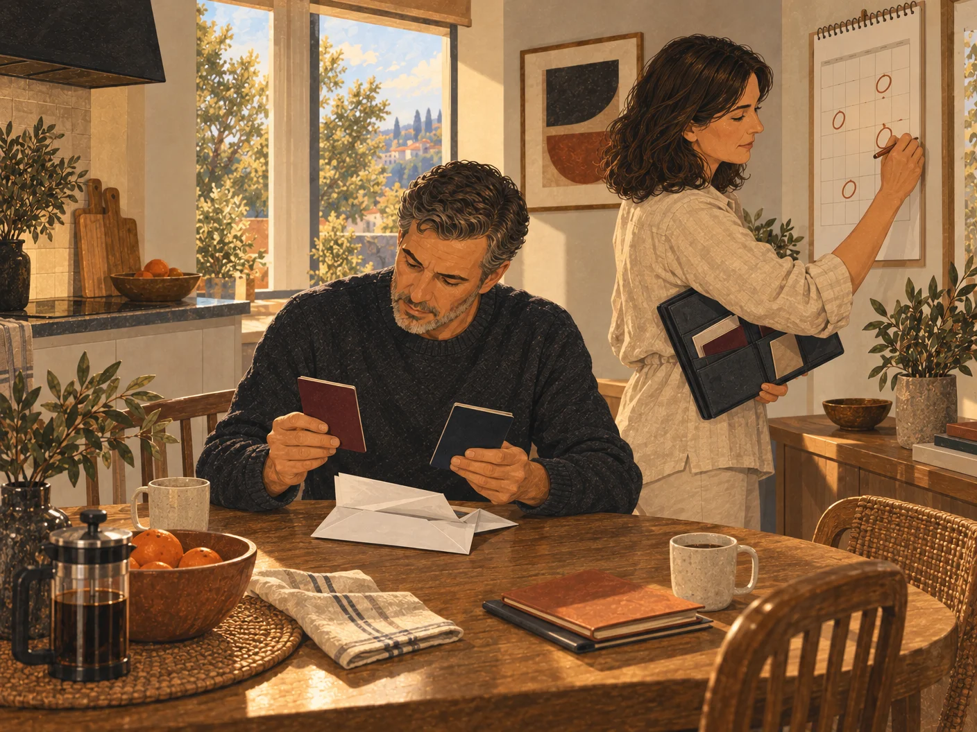 Illustration: James compares the new passport with the old one; Sarah marks deadlines in the calendar.