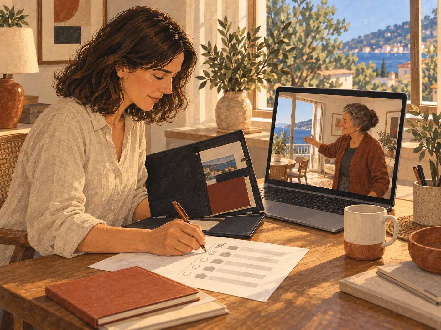 Illustration: Sarah checks the condition of the destination flat via video call with the property manager.