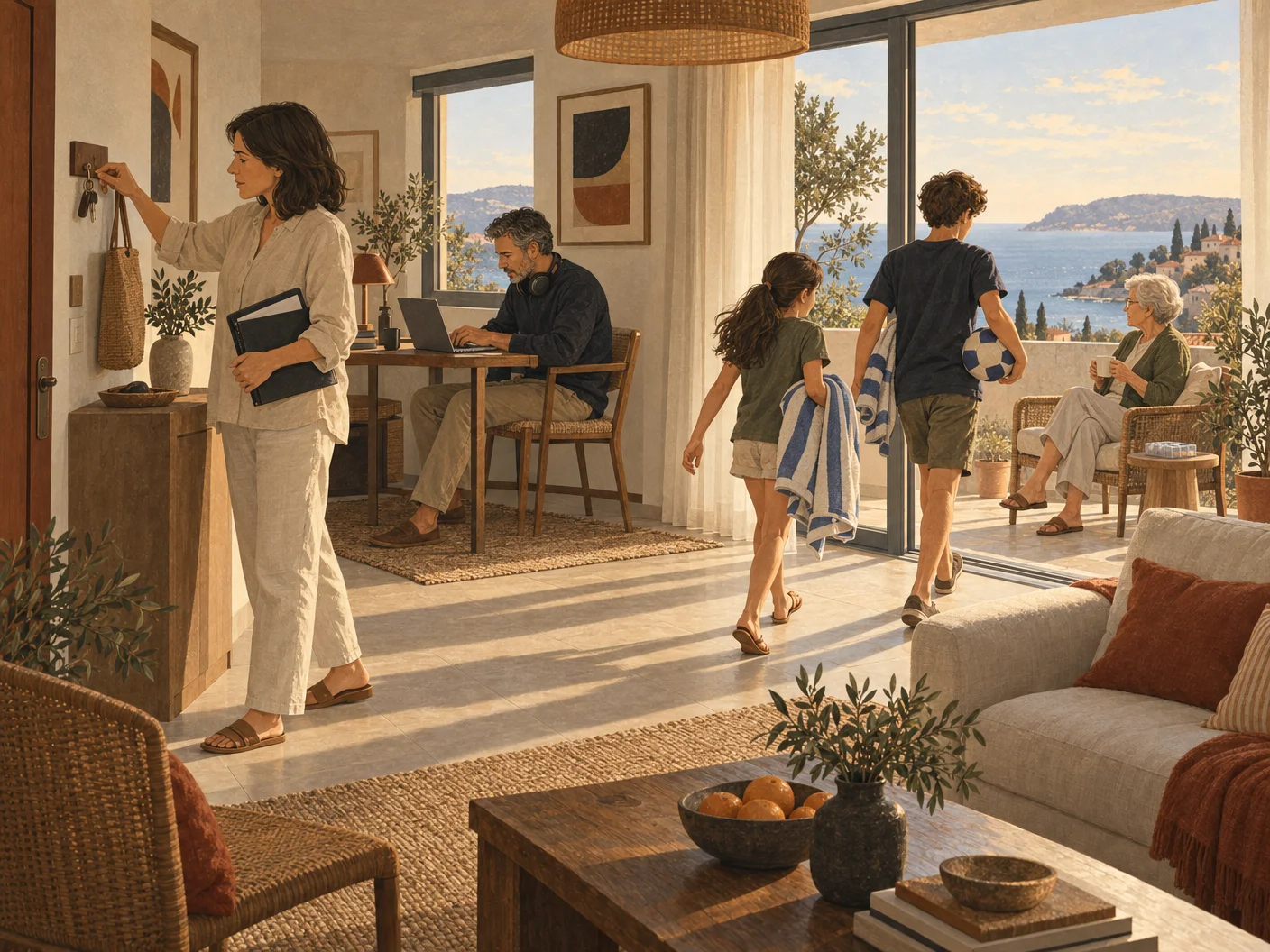 Illustration: The Whitfield family uses the seaside flat simultaneously as a holiday spot, a workplace and a retreat.