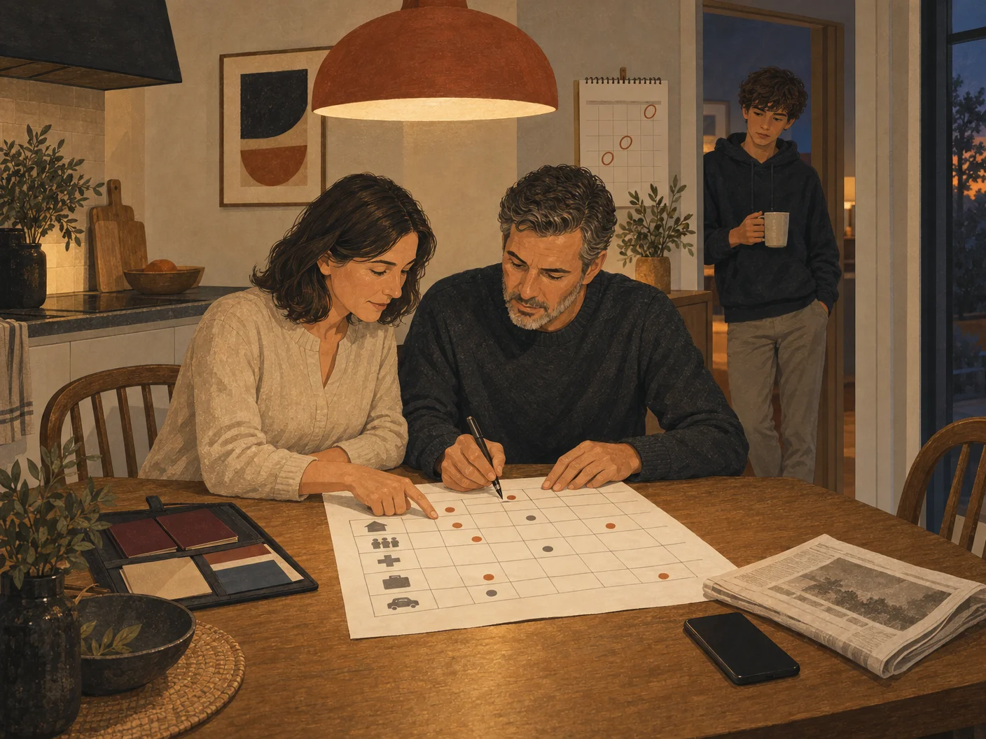 Illustration: Sarah and James enter triggers and follow-up actions into a plan at the kitchen table; the phone lies face down beside them.