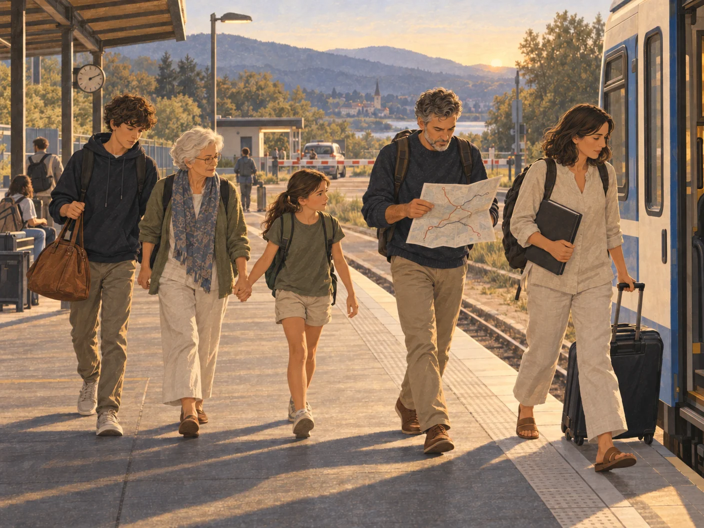 Illustration: The Whitfield family at the border station on the alternative route.