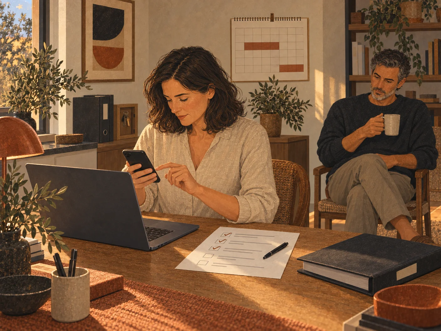 Illustration: Sarah carries out the test transfer alone, without James's devices.
