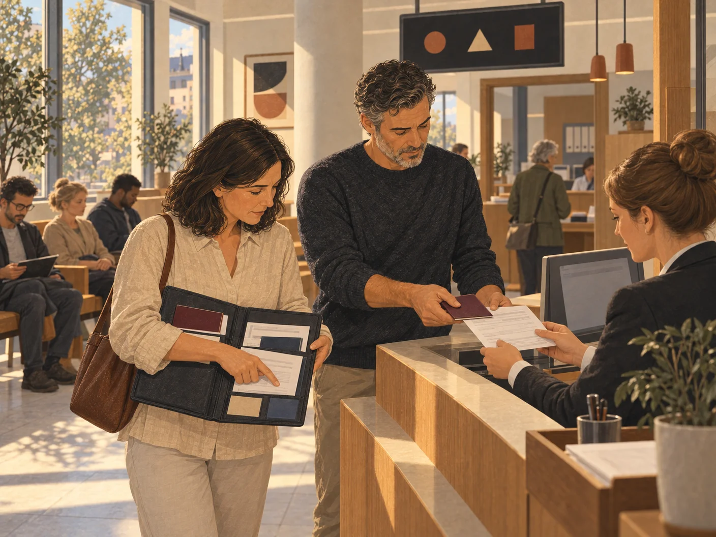 Illustration: Sarah and James review their documents at a government office appointment.