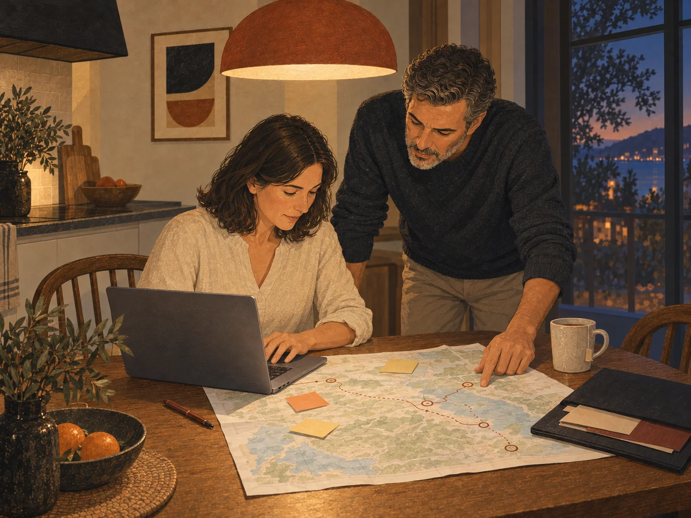 Illustration: Sarah writes a short enquiry at the kitchen table above the marked map.