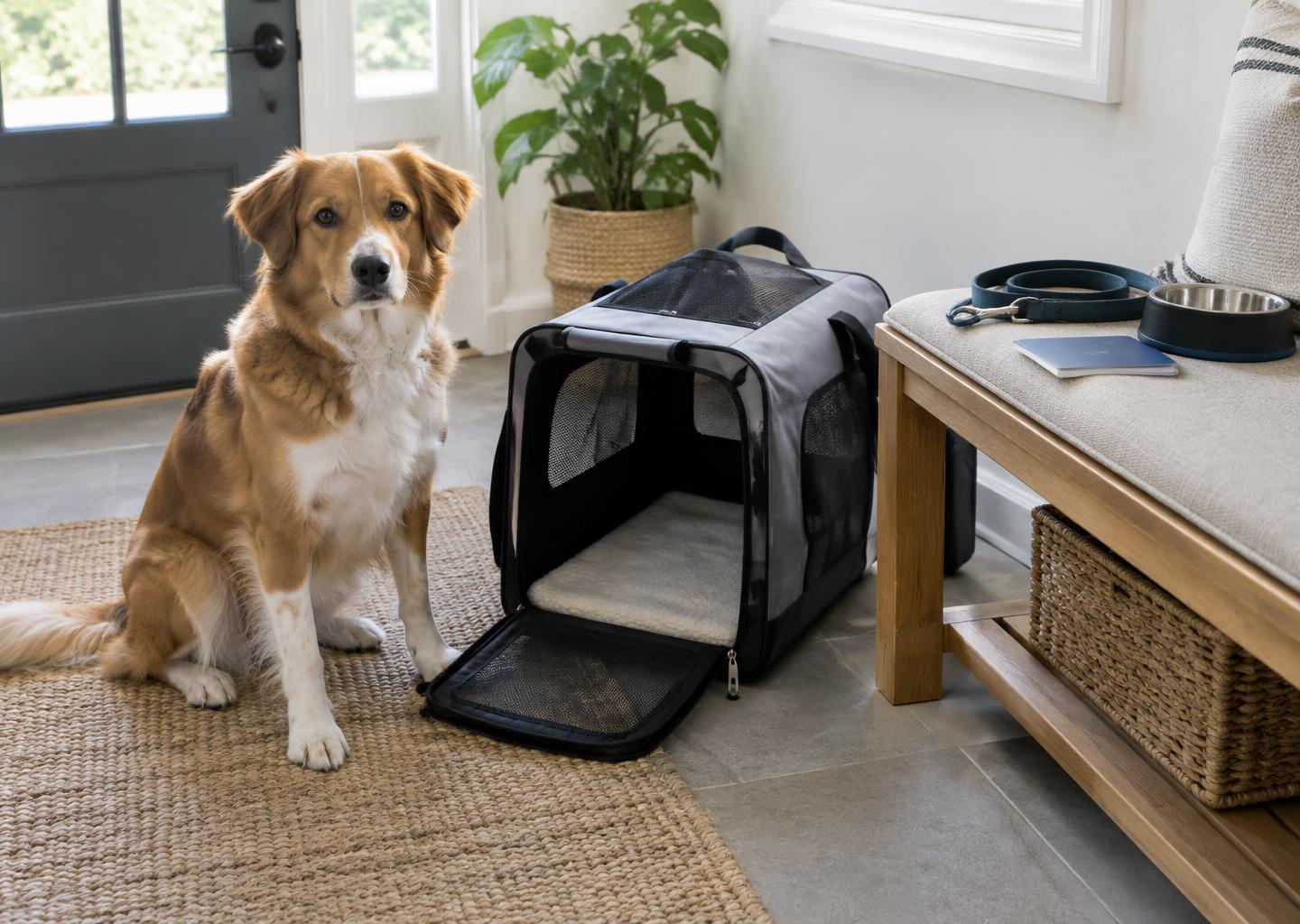 A dog, travel carrier and records for a prepared journey.