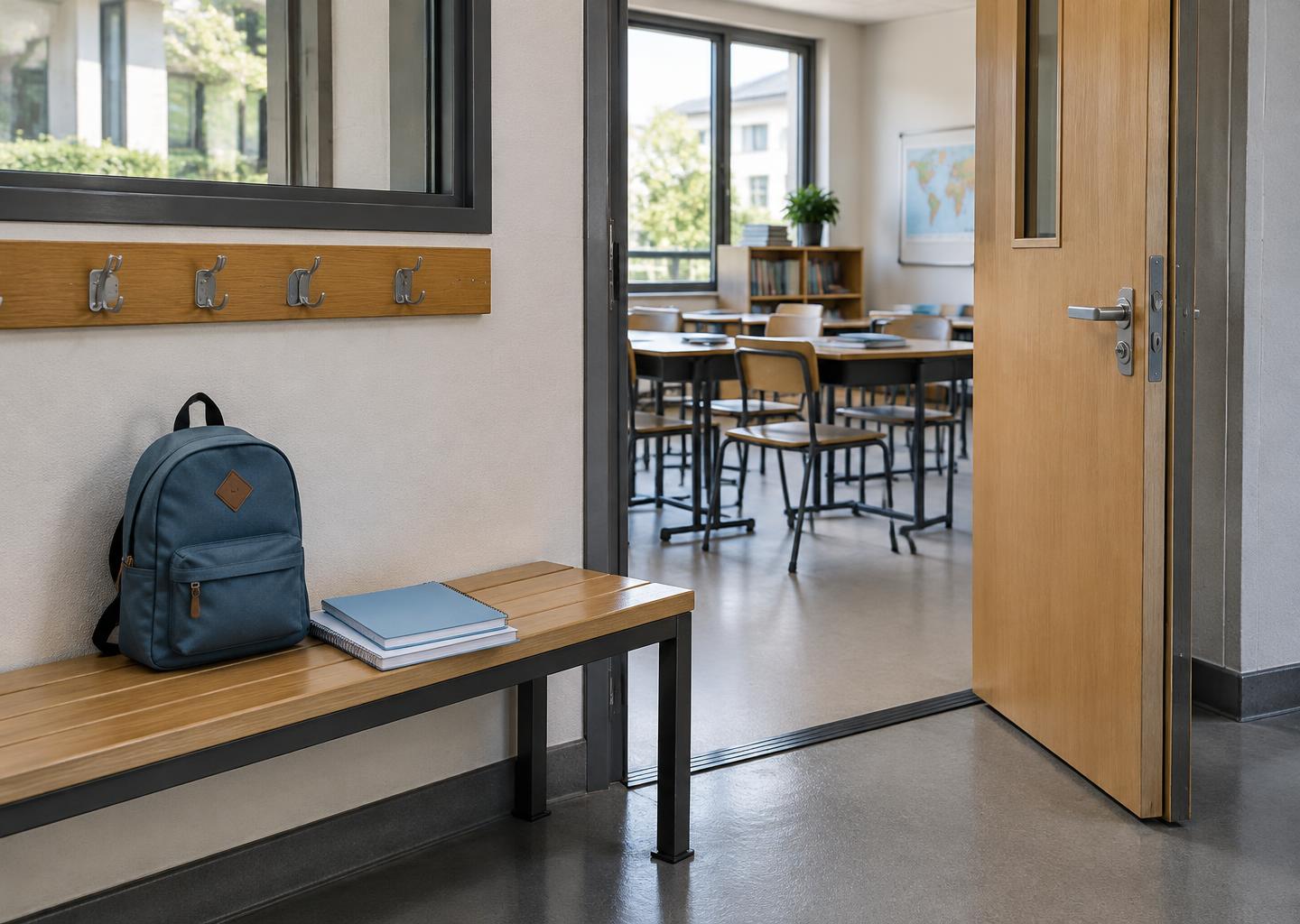 A school backpack and exercise books outside a bright classroom.
