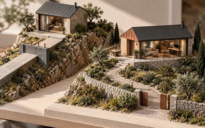 Architectural illustration of an independently accessible living and working base.