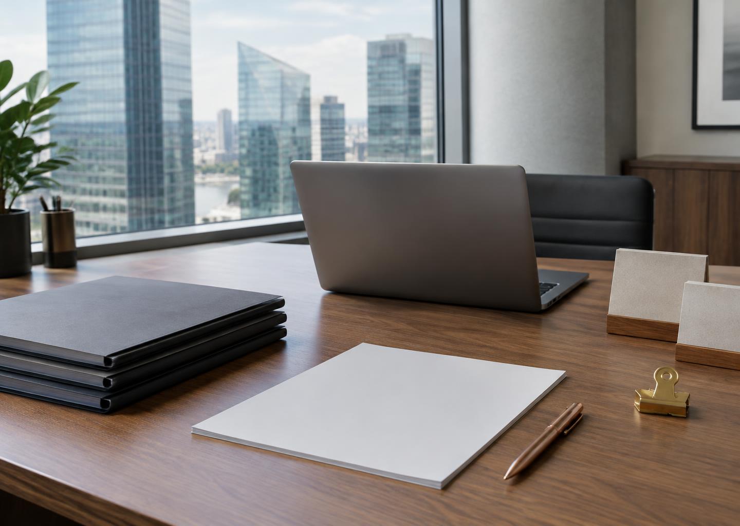 Organised business records and a laptop in a professional office.