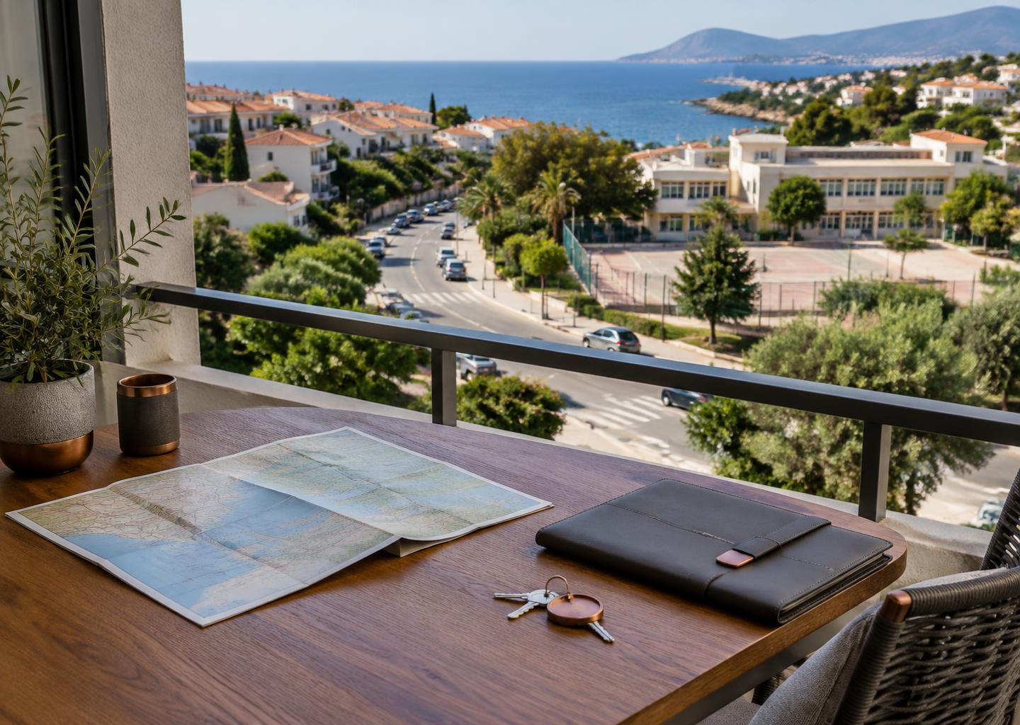 Residential streets, a school and the coast, with a map and home keys in the foreground.