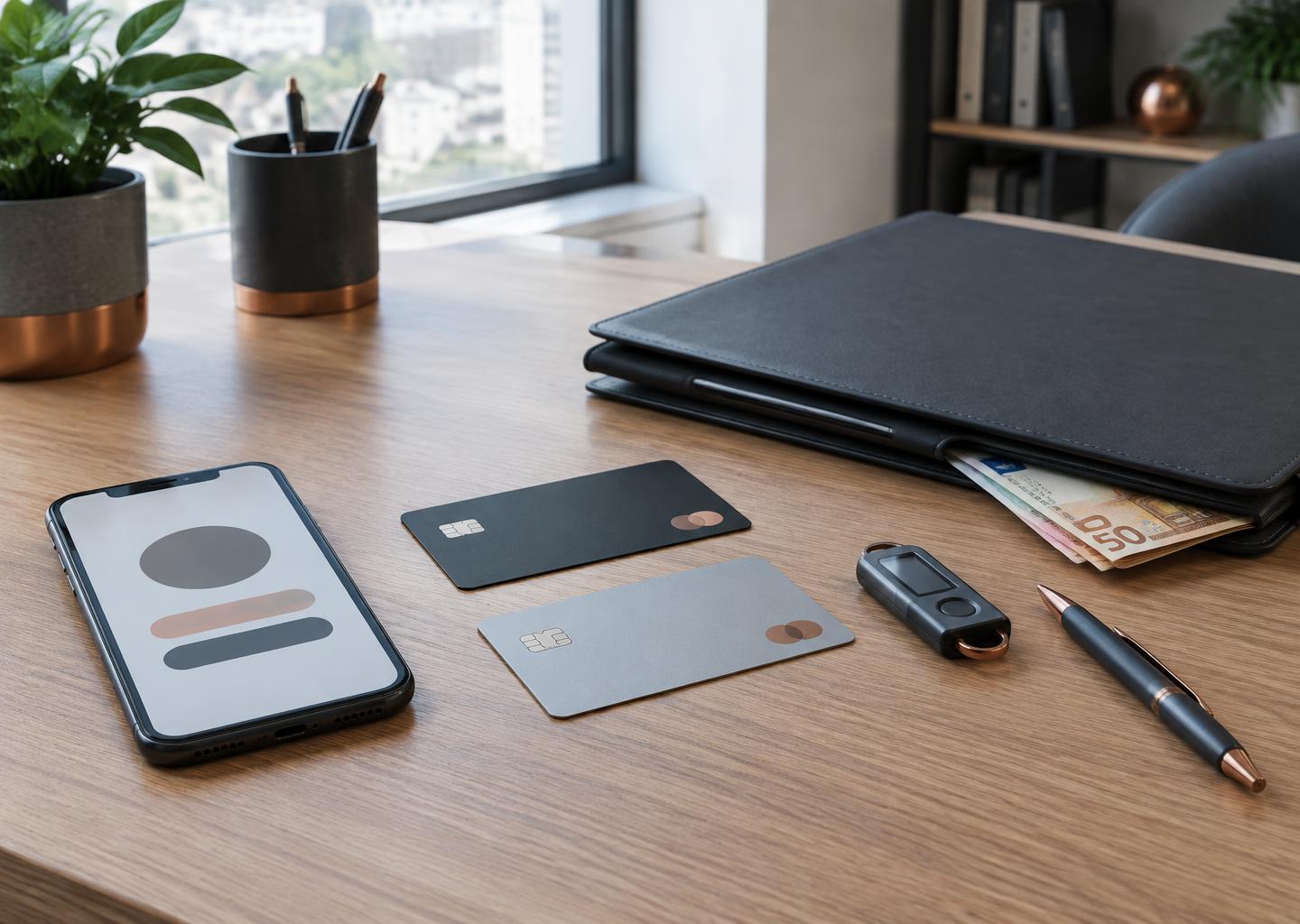 Two payment cards, a phone and a security key for independent financial access.