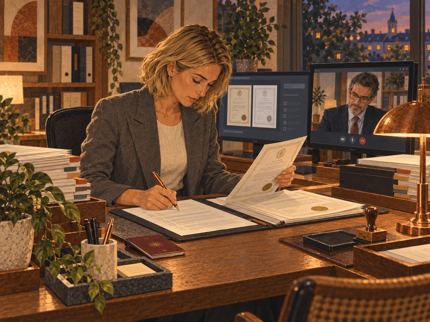 A consultant reviews documents while a lawyer joins via video call