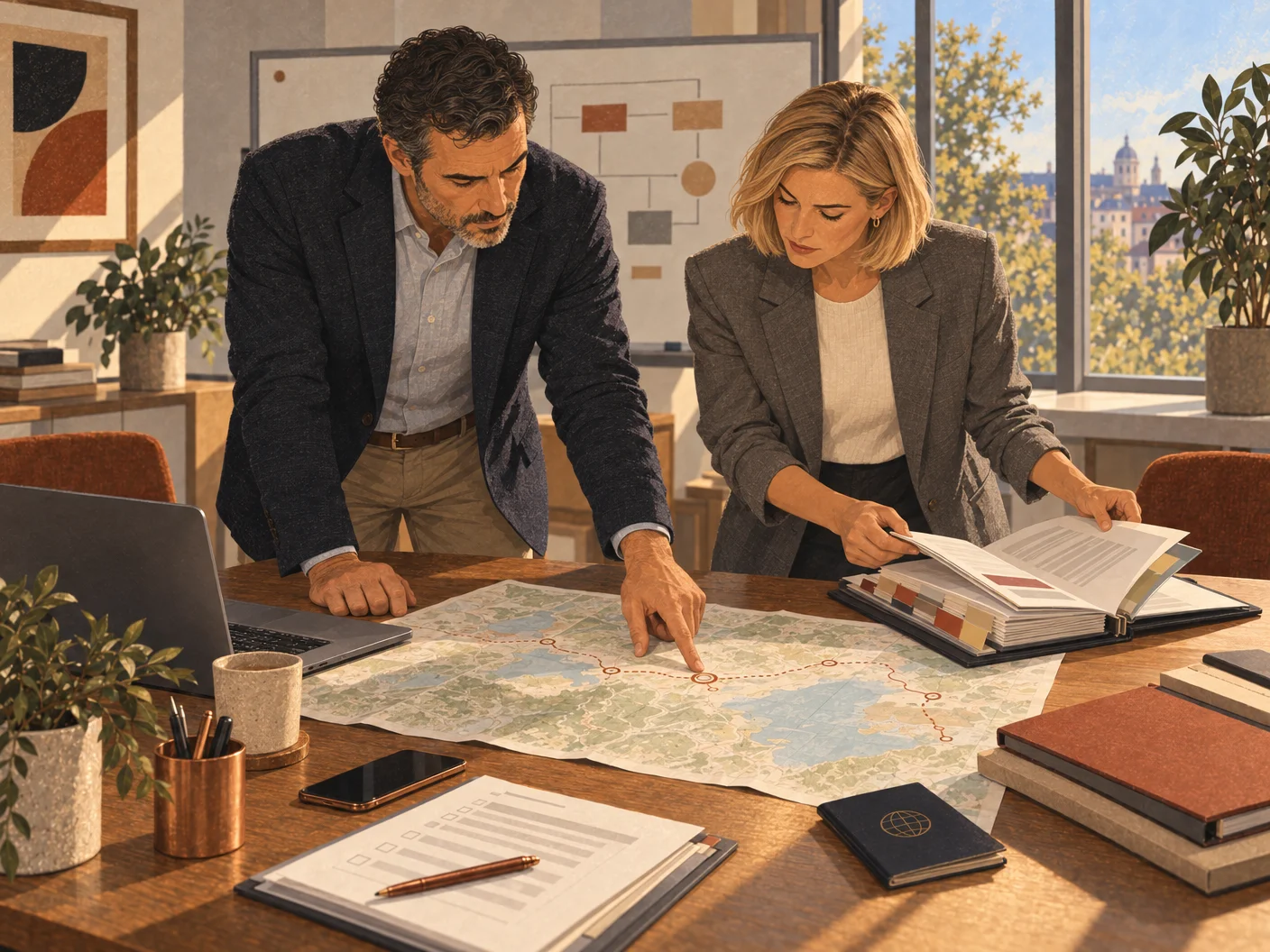 Two specialists plan a fallback route on a map at a table and review a dossier